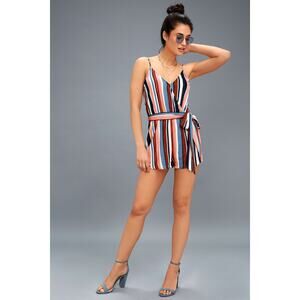 Lulu’s - Angelene Blue & Orange Striped Sleeveless Romper - Size Small
